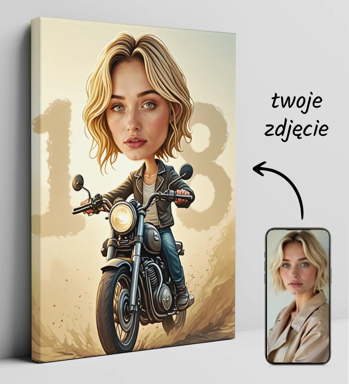 Personalizowany portret karykatura na płótnie z kobietą na motocyklu i cyfrą 18