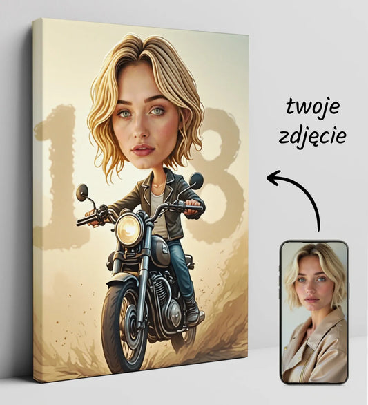 Personalizowany portret karykatura na płótnie z kobietą na motocyklu i cyfrą 18