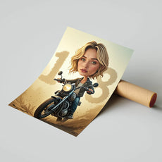 Plakat z stylizowaną ilustracją dziewczyny na motocyklu z cyfrą 18