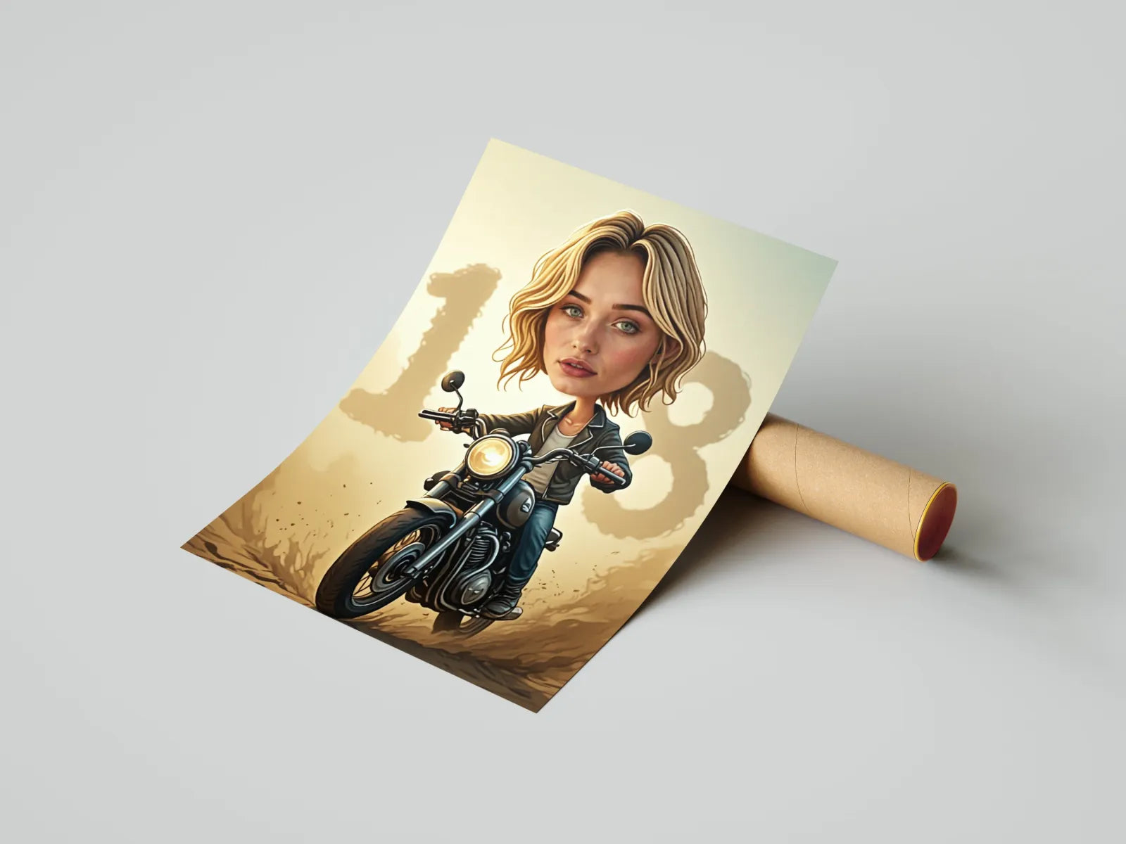 Plakat z stylizowaną ilustracją dziewczyny na motocyklu z cyfrą 18