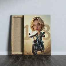 Framed canvas print of a blonde woman caricature on a motorcycle with number 18