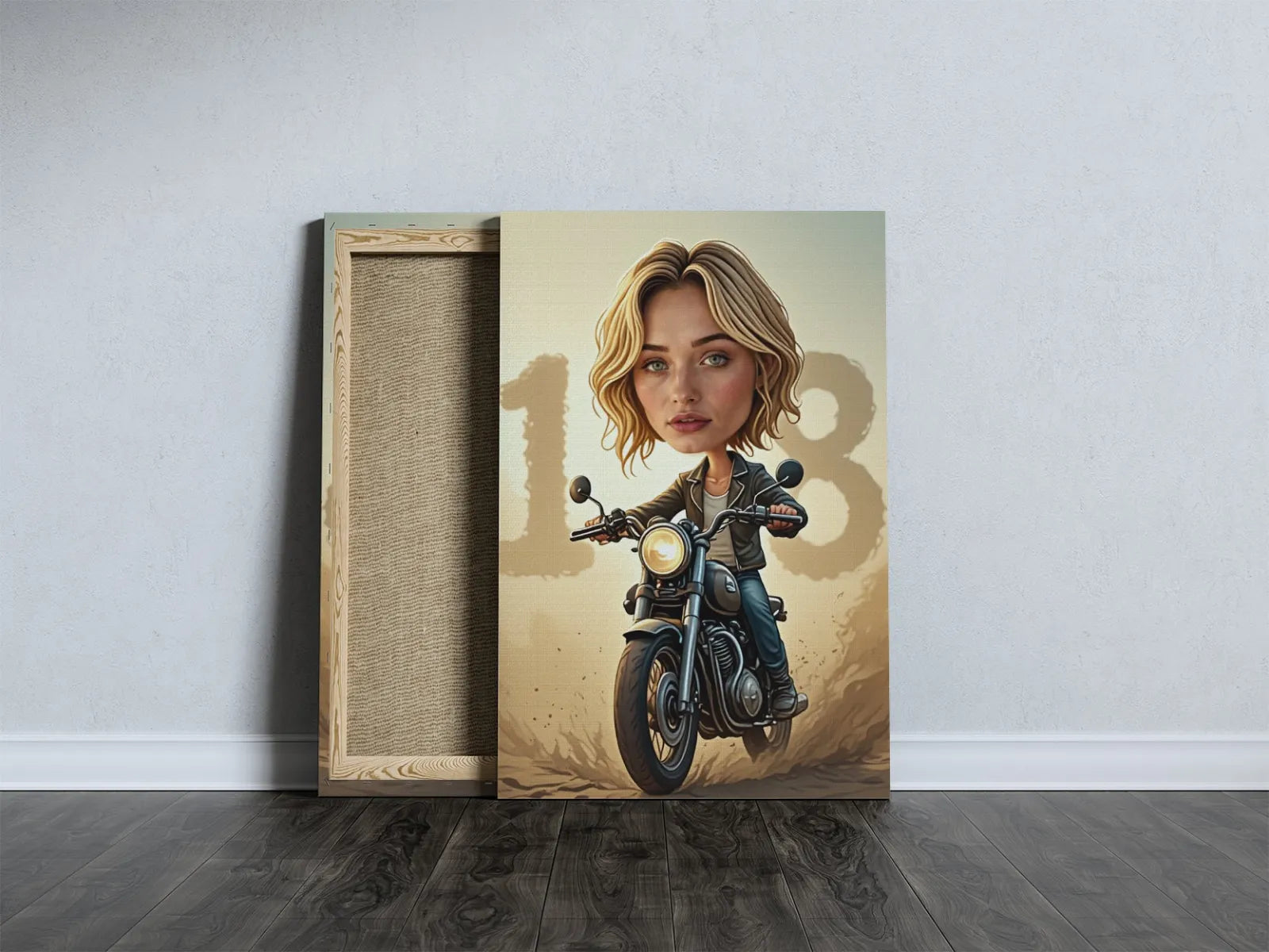 Framed canvas print of a blonde woman caricature on a motorcycle with number 18