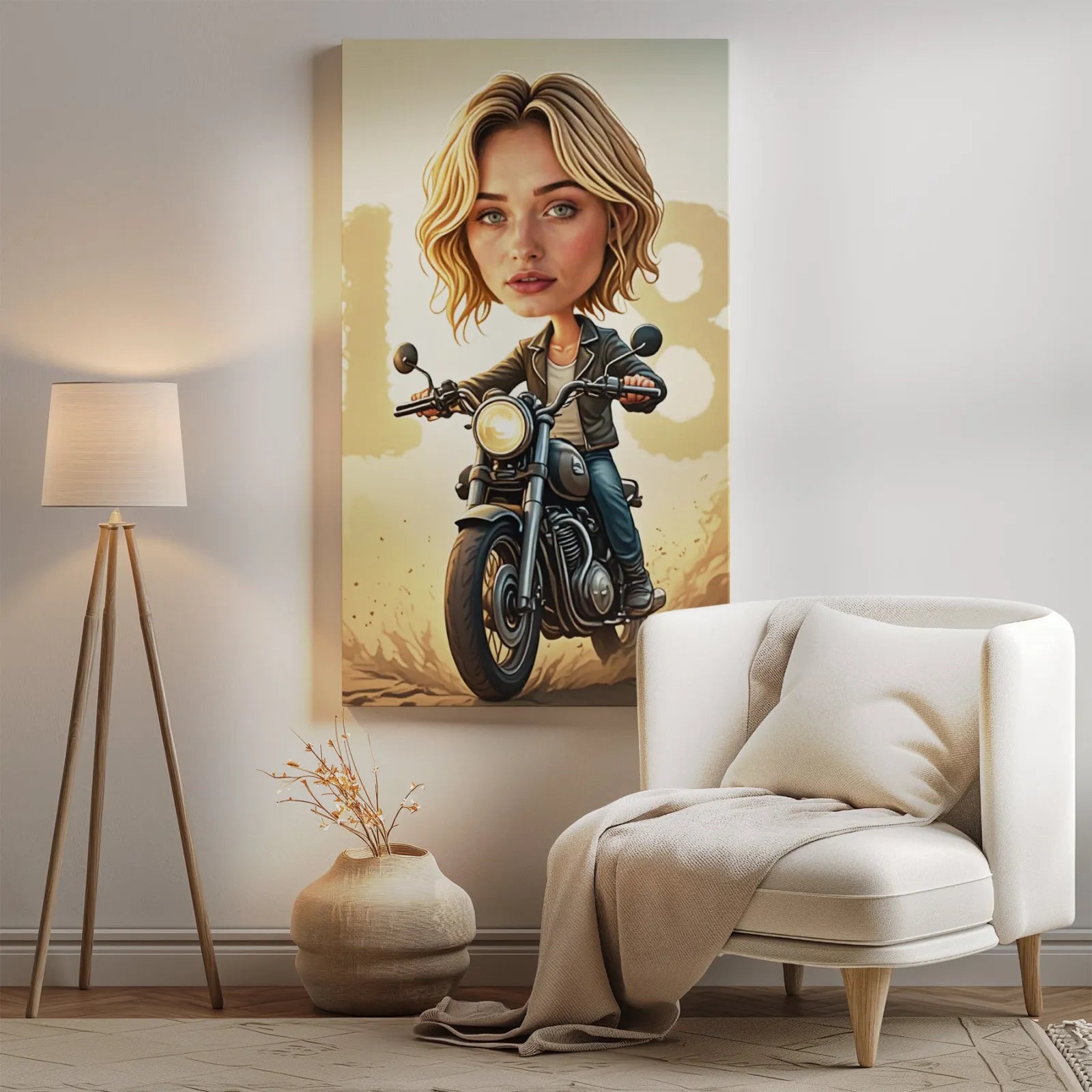 Karykatura blondynki na motocyklu z cyfrą 18 w stylu whimsical