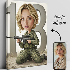 Personalizowany obraz na płótnie z kobieta w stroju wojskowym i karabinem