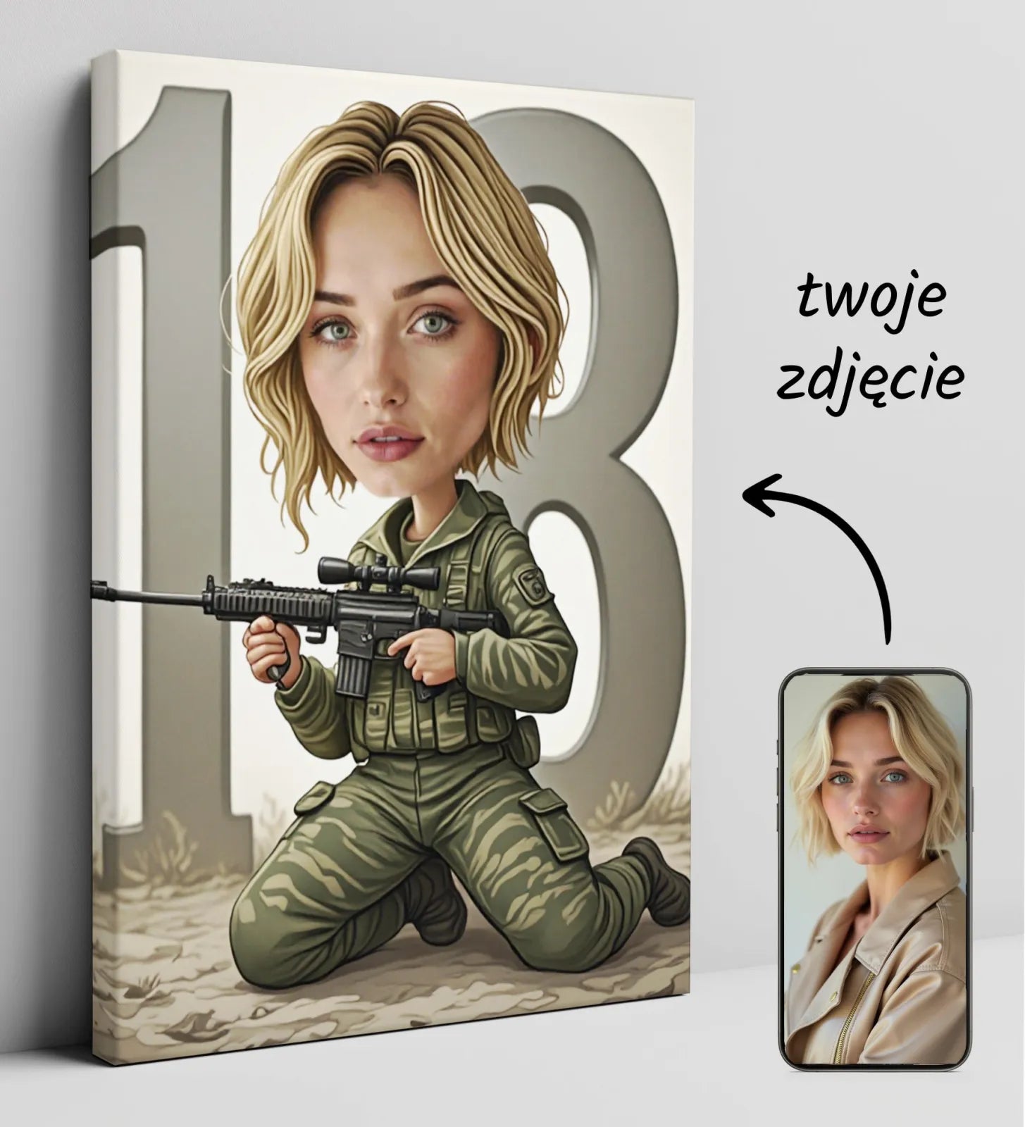 Personalizowany obraz na płótnie z kobieta w stroju wojskowym i karabinem