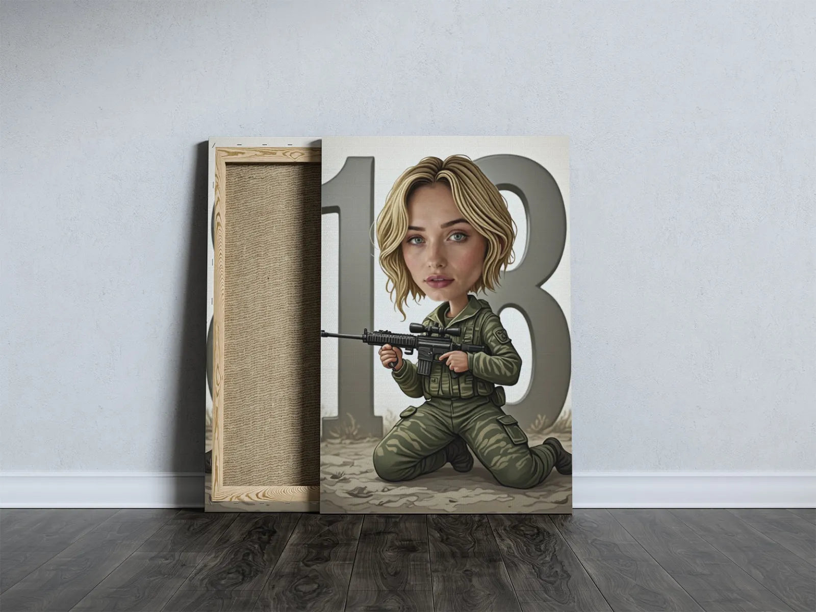 Canvas print z karykaturą blondynki w stroju wojskowym snajpera z numerem 18