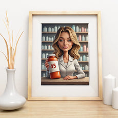 Framed cartoon ilustracja farmaceutki aptekarki trzymającej butelkę z tabletkami