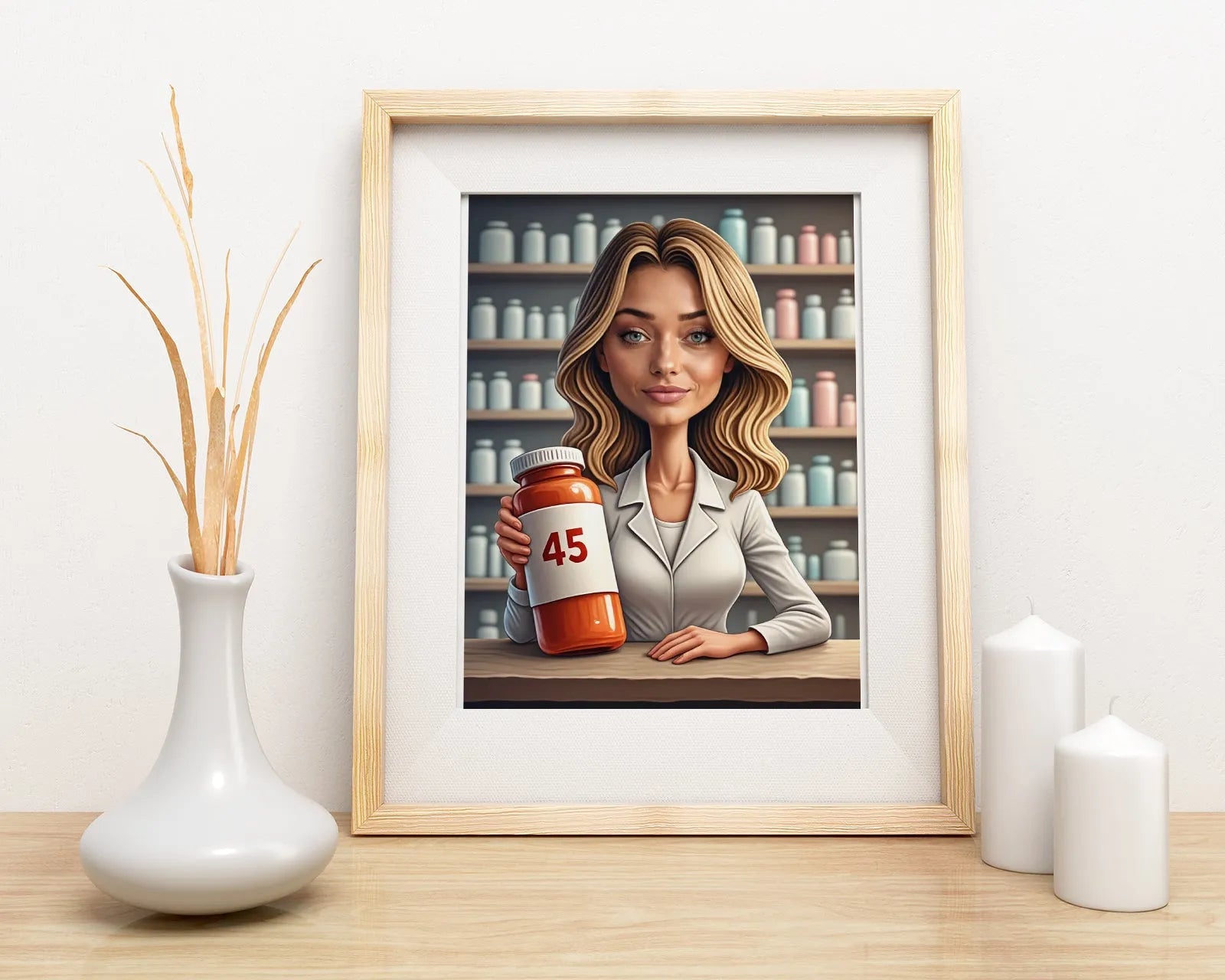 Framed cartoon ilustracja farmaceutki aptekarki trzymającej butelkę z tabletkami