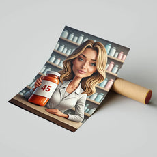 Ilustracja farmaceutki kobiety trzymającej butelkę tabletek w Karykatura farmaceutki aptekarki