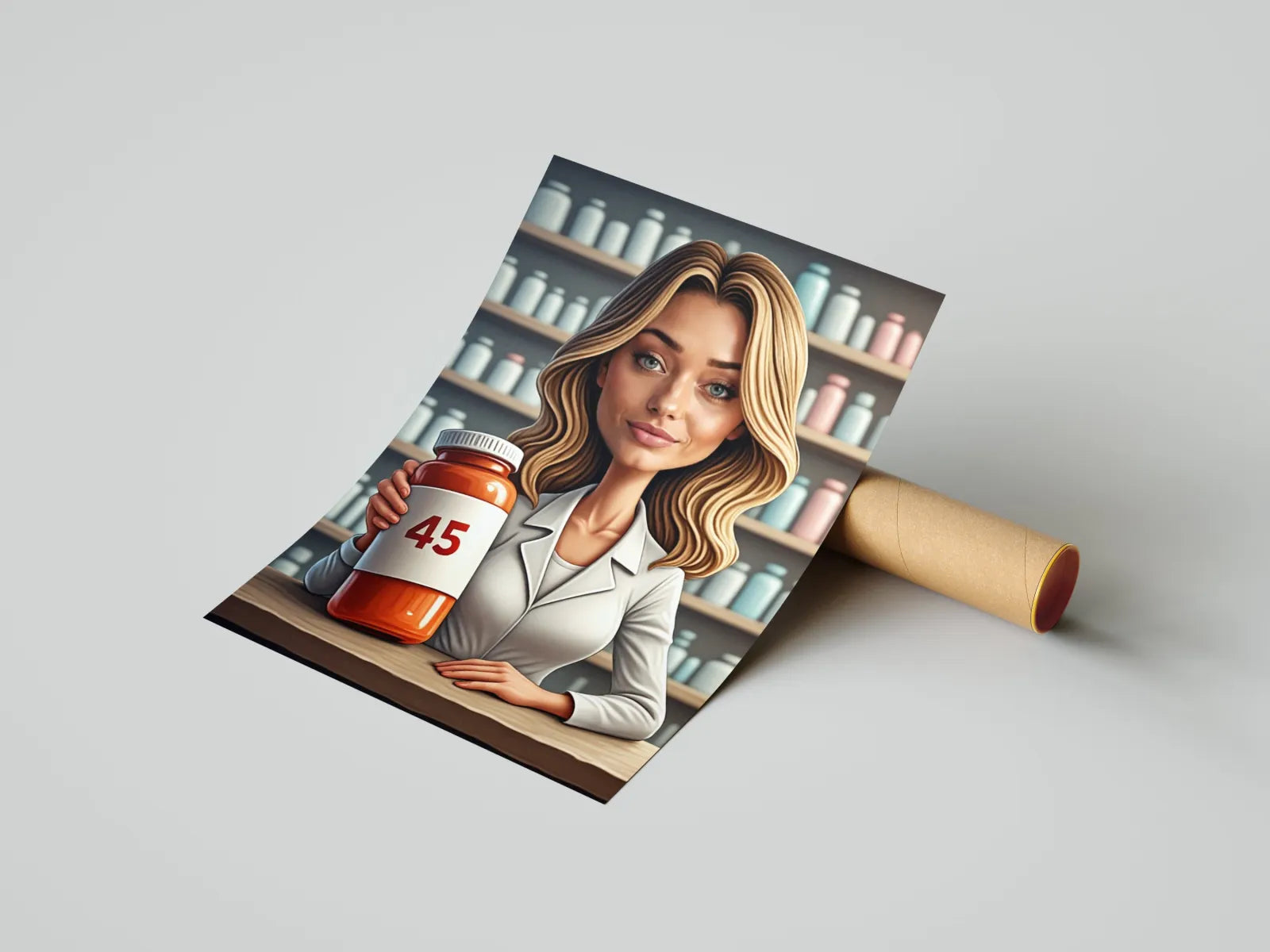 Ilustracja farmaceutki kobiety trzymającej butelkę tabletek w Karykatura farmaceutki aptekarki