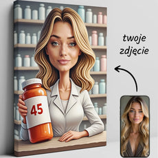 Personalizowany obraz na płótnie z karykaturą farmaceutki trzymającej butelkę