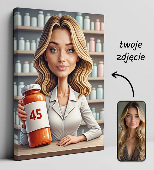 Personalizowany obraz na płótnie z karykaturą farmaceutki trzymającej butelkę