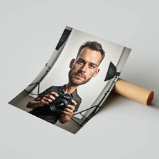 Karykatura fotografa drukowana, humorystyczny portret fotografii, unikalna dekoracja