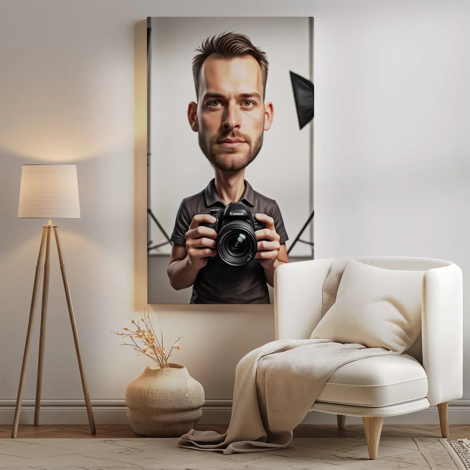 Karykatura fotografa, artystyczny portret z humorem, prezentacja produktu Karykatura fotografa