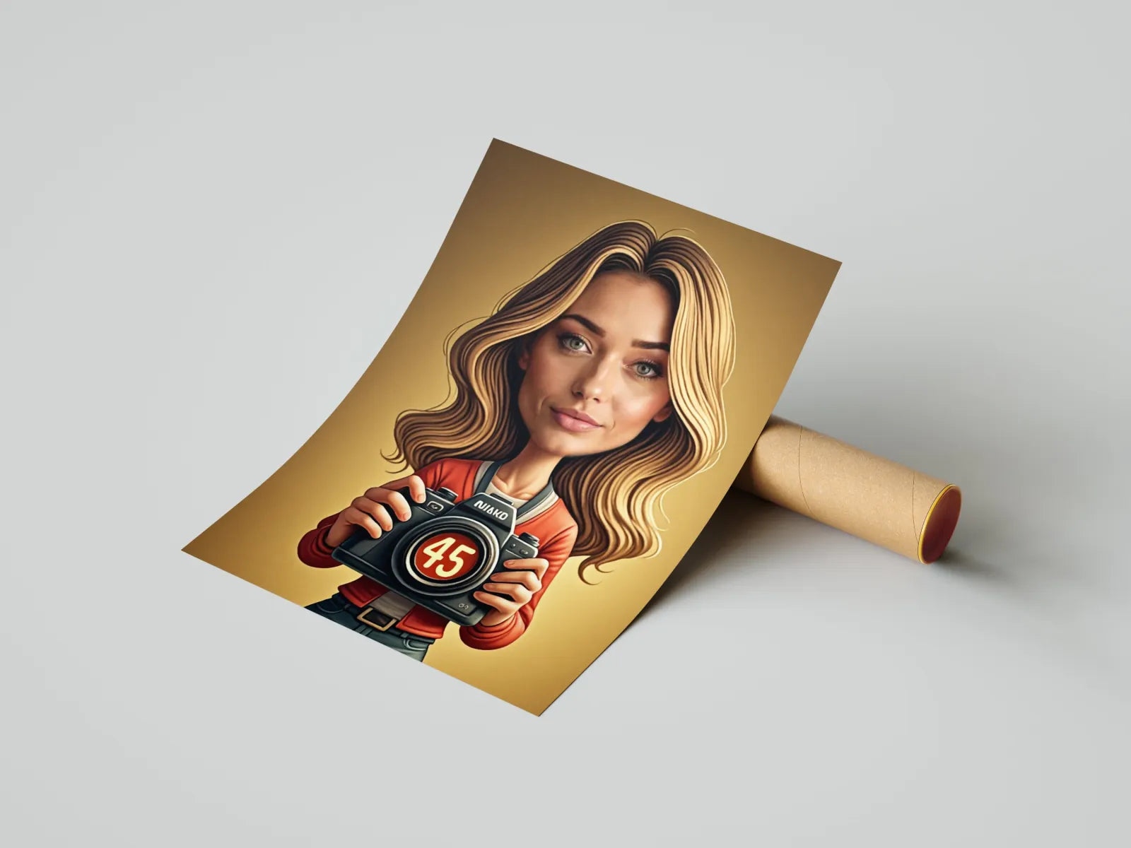 Spersonalizowany portret kobiety trzymającej aparat fotograficzny na prezent na urodziny