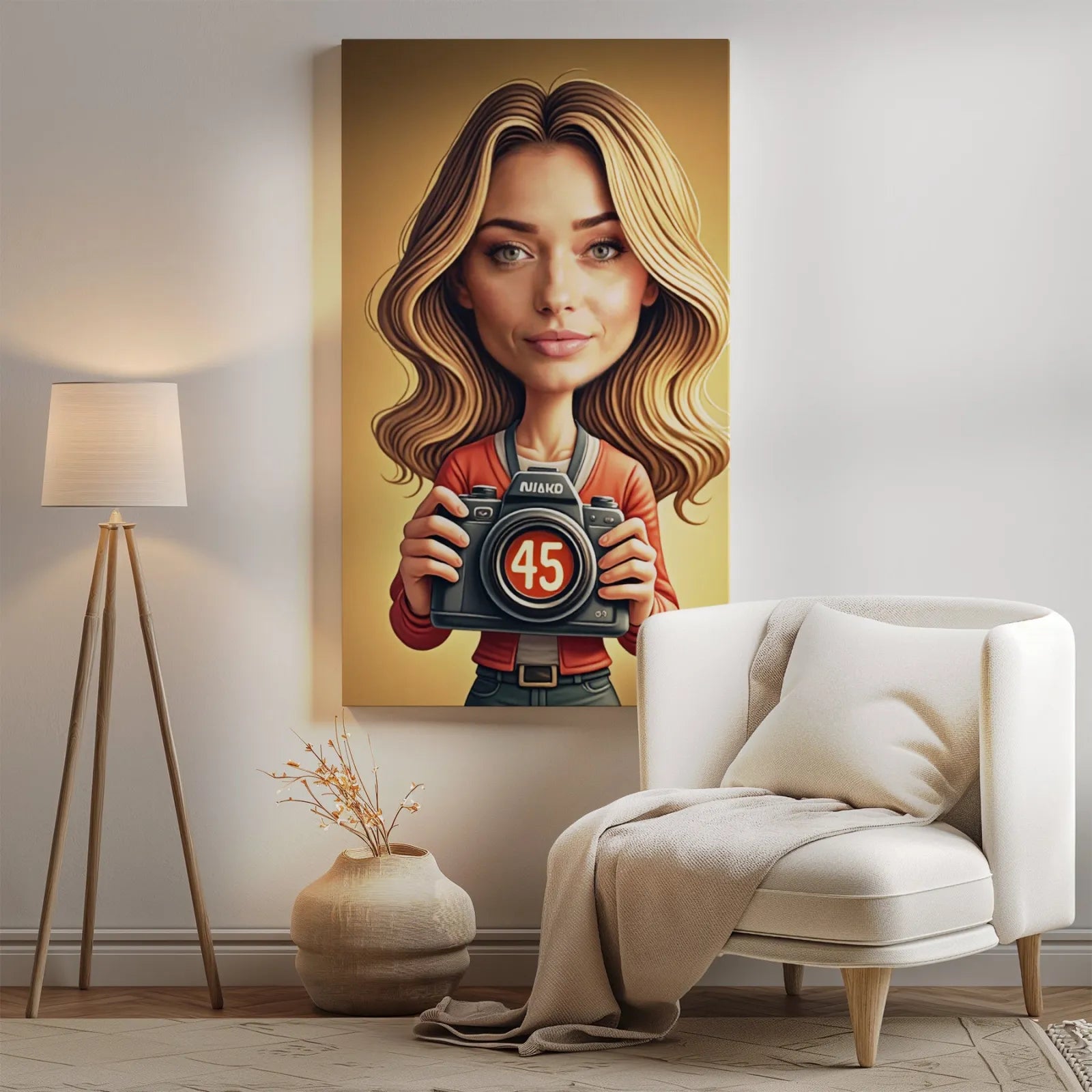 Wibrujący portret karykatury blondynki z aparatem na prezent urodzinowy