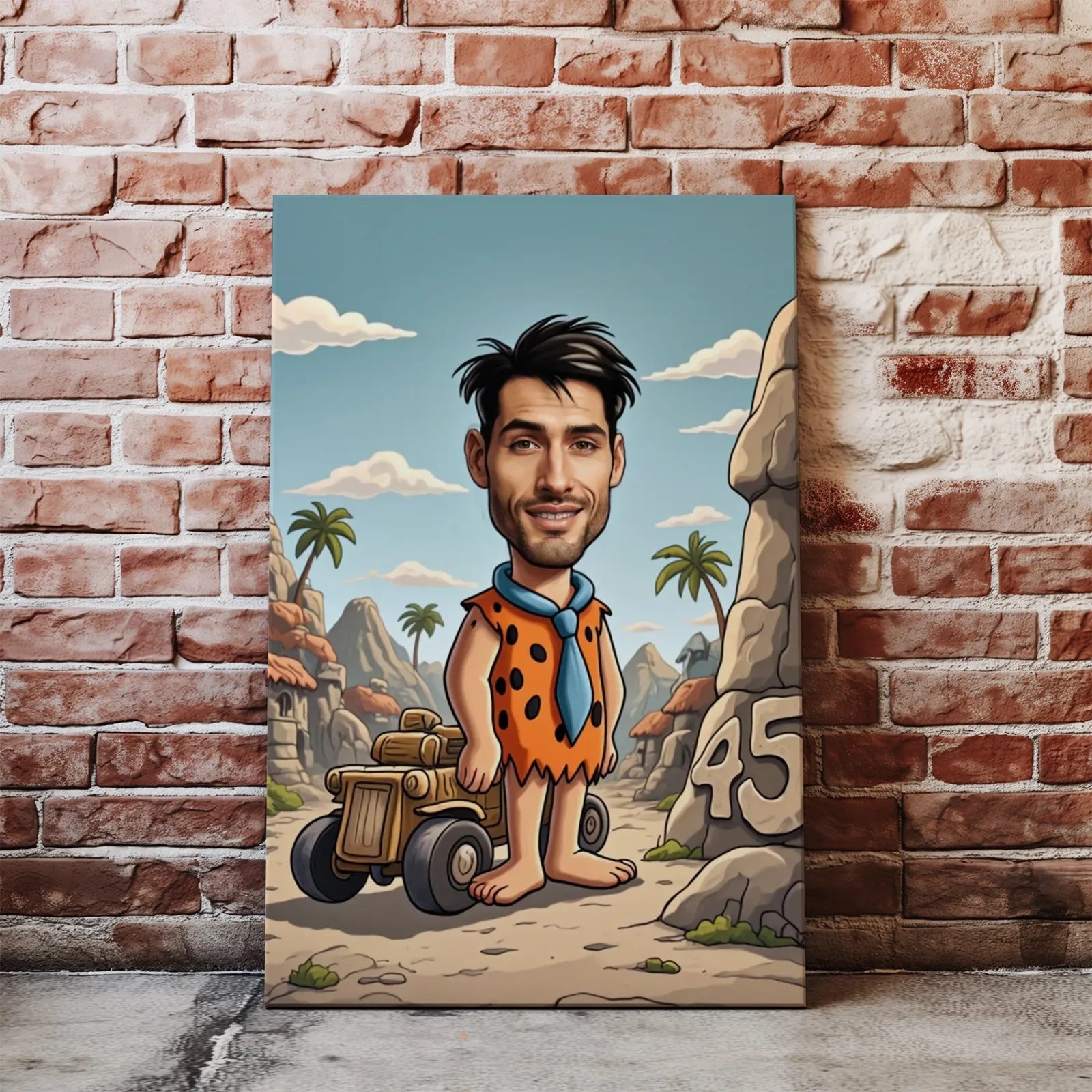 Karykatura Freda Flintstone’a w stylu kreskówki na zabawny prezent na 45 urodziny