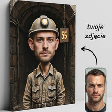 Karykatura portret górnika na urodziny, zabawny plakat z wizerunkiem górnika