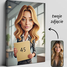 Personalizowany druk na płótnie z blondynką trzymającą teczkę, idealny dla HR menedżerki
