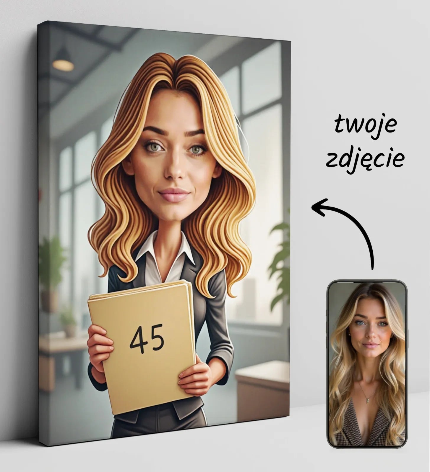 Personalizowany druk na płótnie z blondynką trzymającą teczkę, idealny dla HR menedżerki