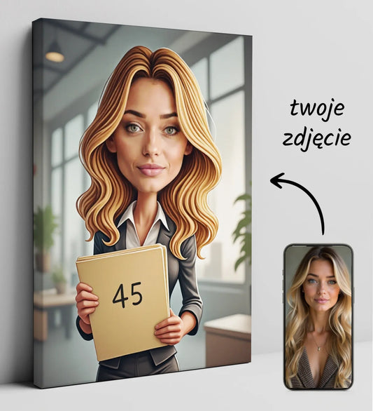 Personalizowany druk na płótnie z blondynką trzymającą teczkę, idealny dla HR menedżerki