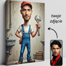 Plakat z karykaturą hydraulika na prezent urodzinowy dla hydraulika
