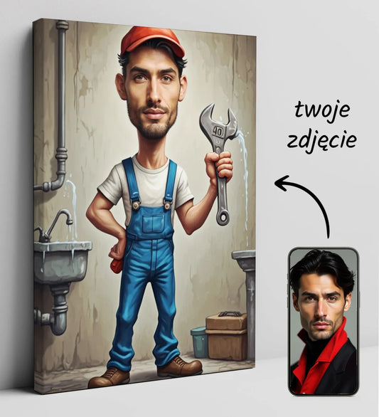 Plakat z karykaturą hydraulika na prezent urodzinowy dla hydraulika