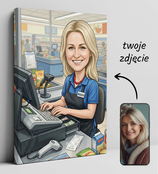 Karykatura kasjerki: uśmiechnięta blondynka w niebieskim uniformie przy kasie supermarketu