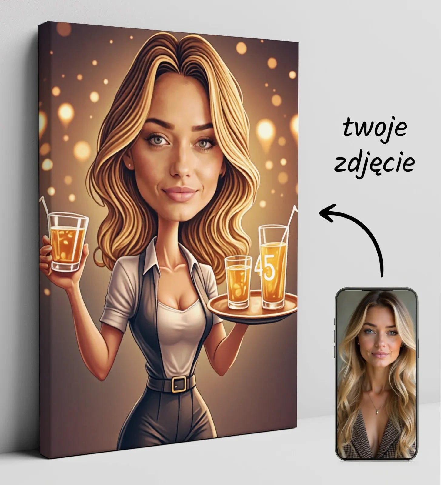 Personalizowany obraz na płótnie z kobieta jako kelnerka, zabawny prezent na urodziny