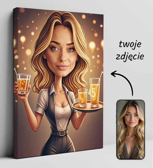 Personalizowany obraz na płótnie z kobieta jako kelnerka, zabawny prezent na urodziny