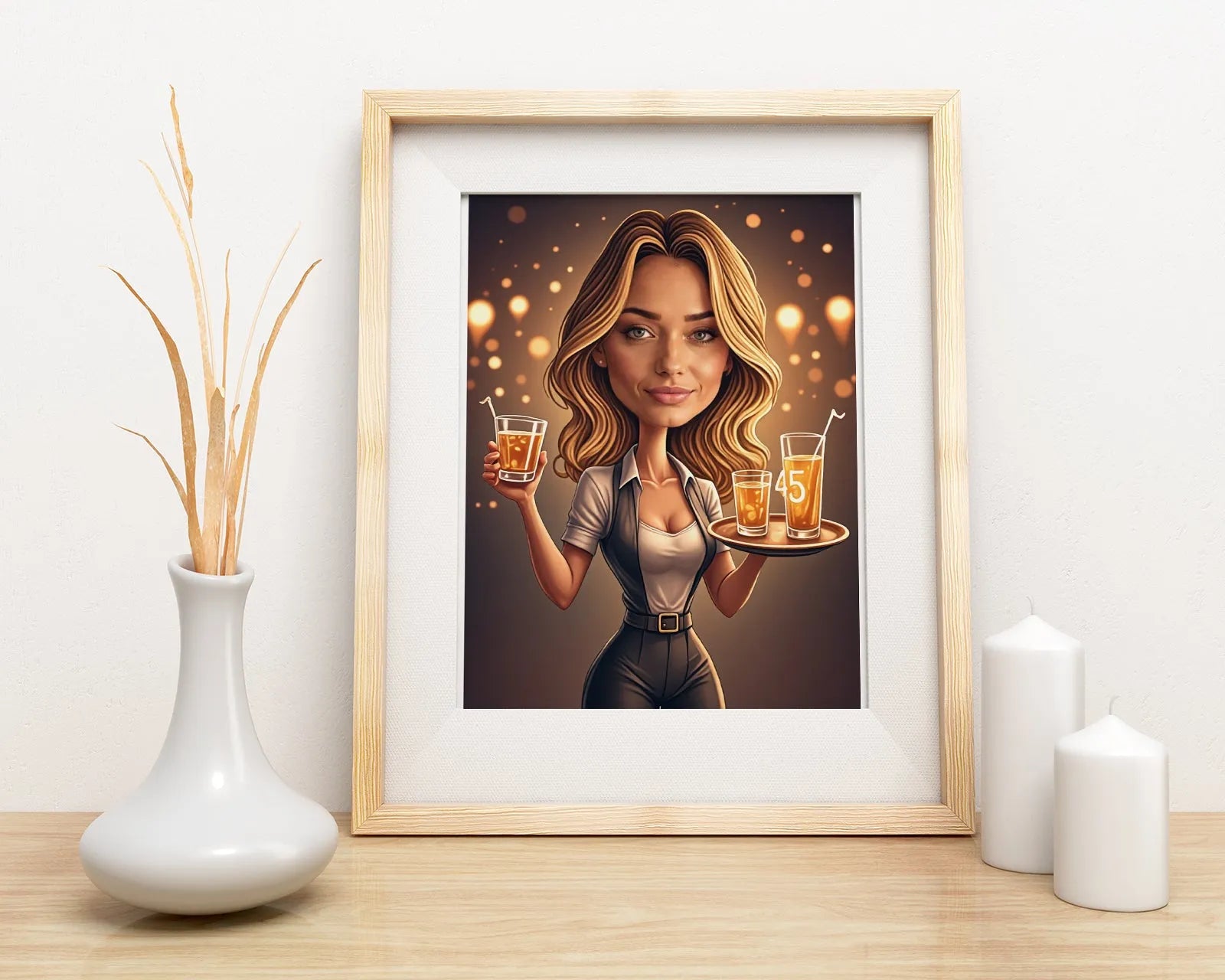 Rama z humorystycznym portretem uśmiechniętej blondynki trzymającej drinki