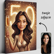 Spersonalizowany portret karykatura kobiety z kieliszkiem szampana i cyfrą 50 w tle