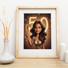 Framed cartoon illustration of a woman holding a champagne glass for Karykatura z kieliszkiem szampana
