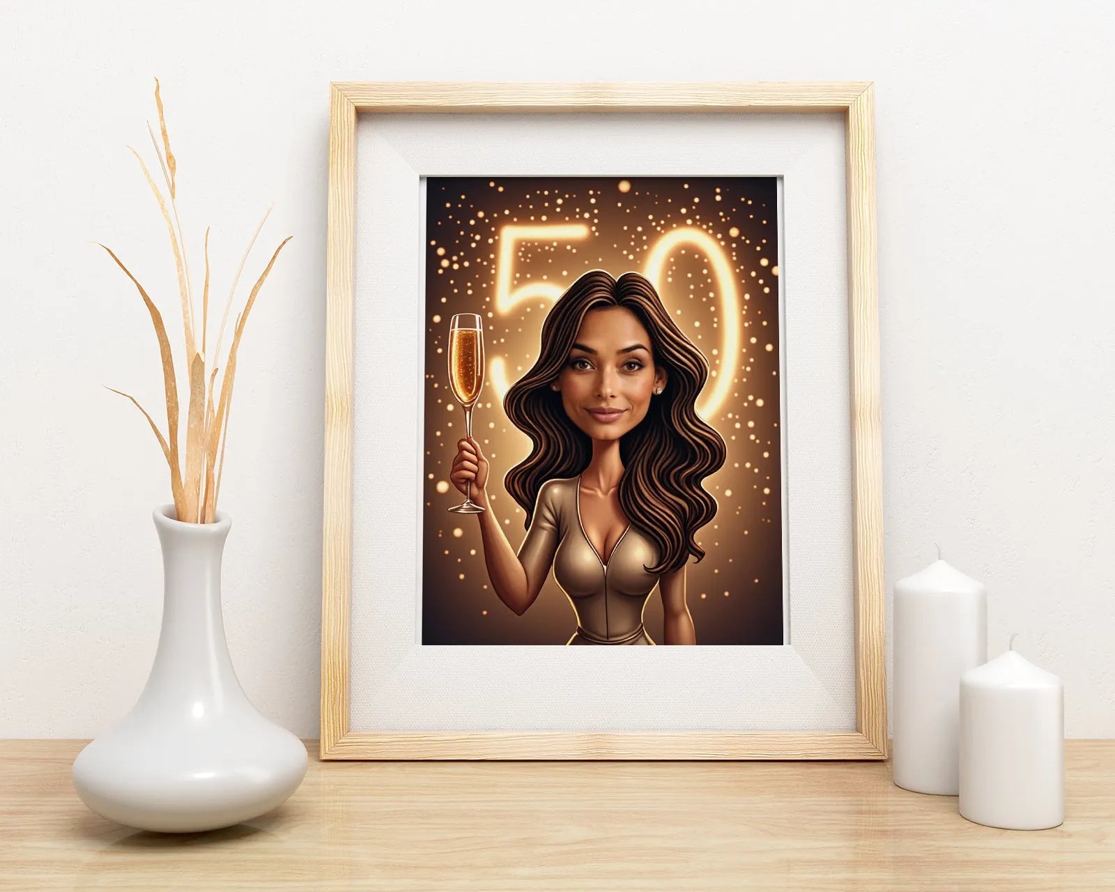 Framed cartoon illustration of a woman holding a champagne glass for Karykatura z kieliszkiem szampana