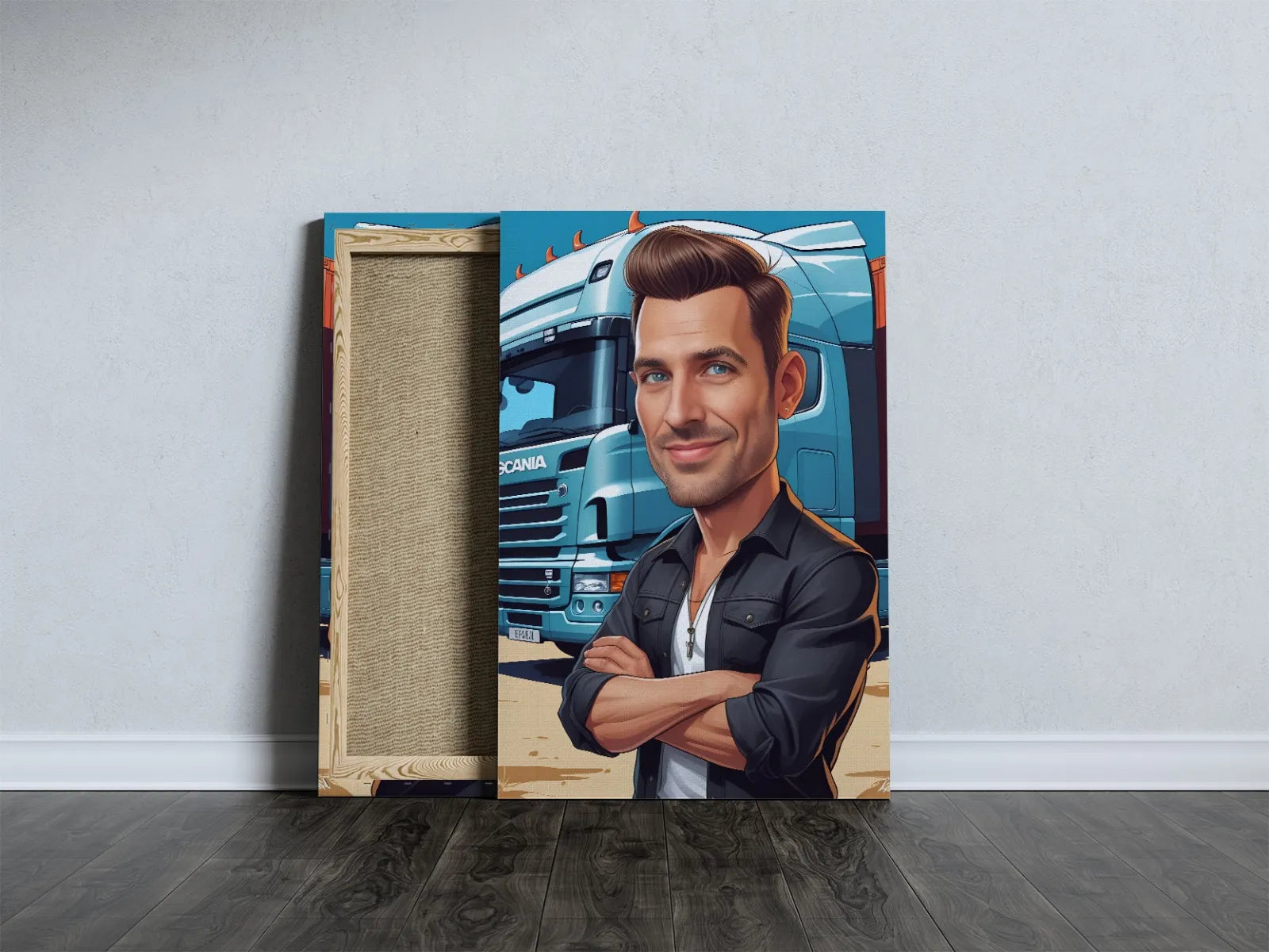 Canvas print przedstawiający mężczyznę obok ciężarówki, idealny na prezent