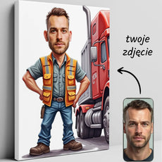 Karykatura kierowcy tira w stylu kreskówkowym, portret samochodowego kierowcy