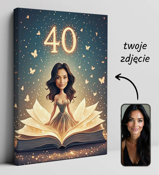 Personalizowana 40. urodzinowa płótno z portretem kobiety w bajkowym stylu Karykatura kobiety w bajkowym