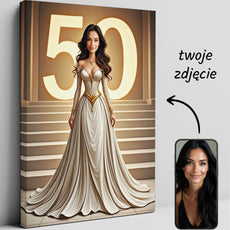 Personalizowana płótno z kobietą w eleganckiej sukni i migającym 50 w tle