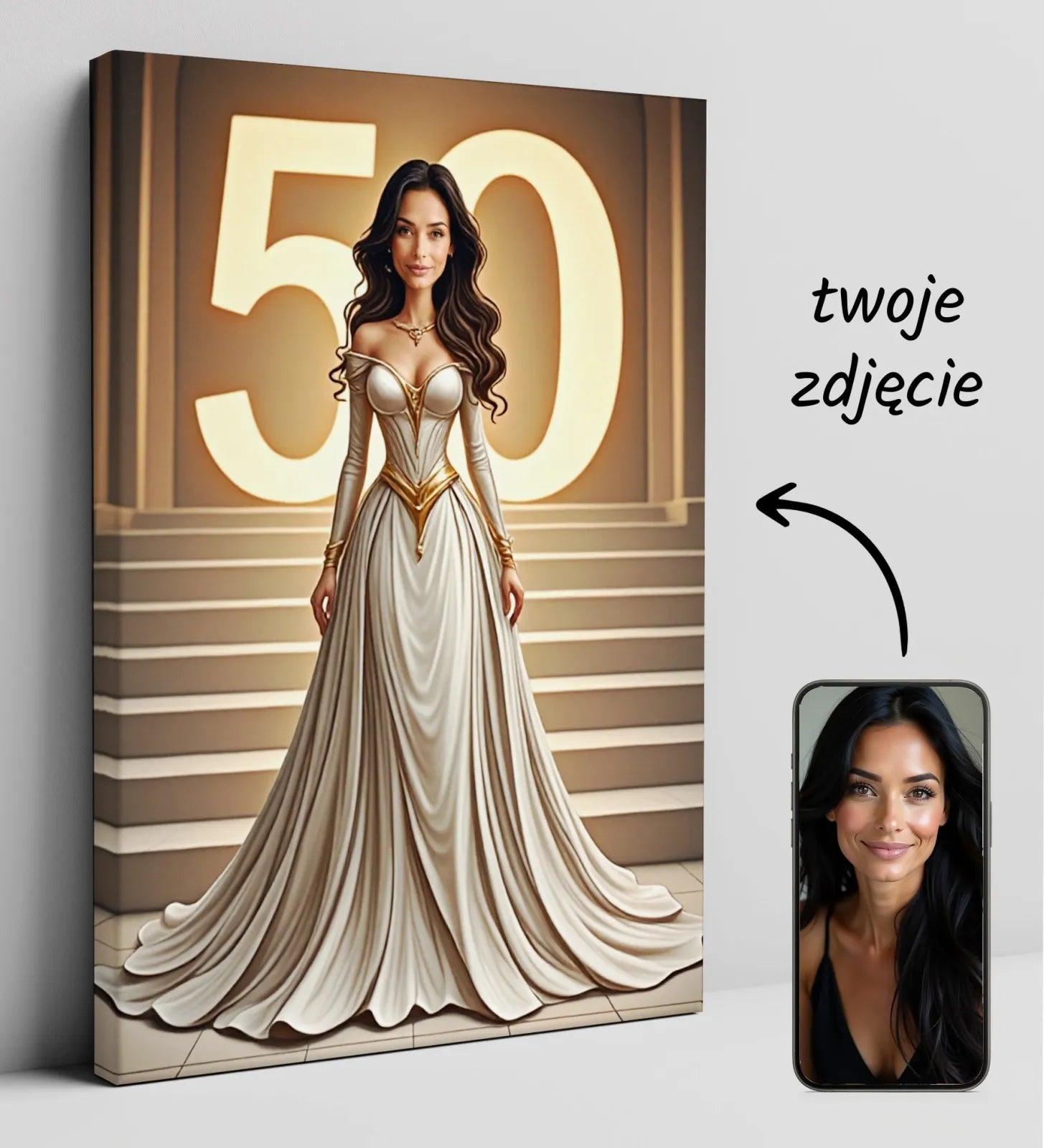Personalizowana płótno z kobietą w eleganckiej sukni i migającym 50 w tle