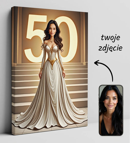 Personalizowana płótno z kobietą w eleganckiej sukni i migającym 50 w tle