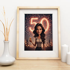 Framed caricature of a woman with champagne and glowing 50 with sparkle background