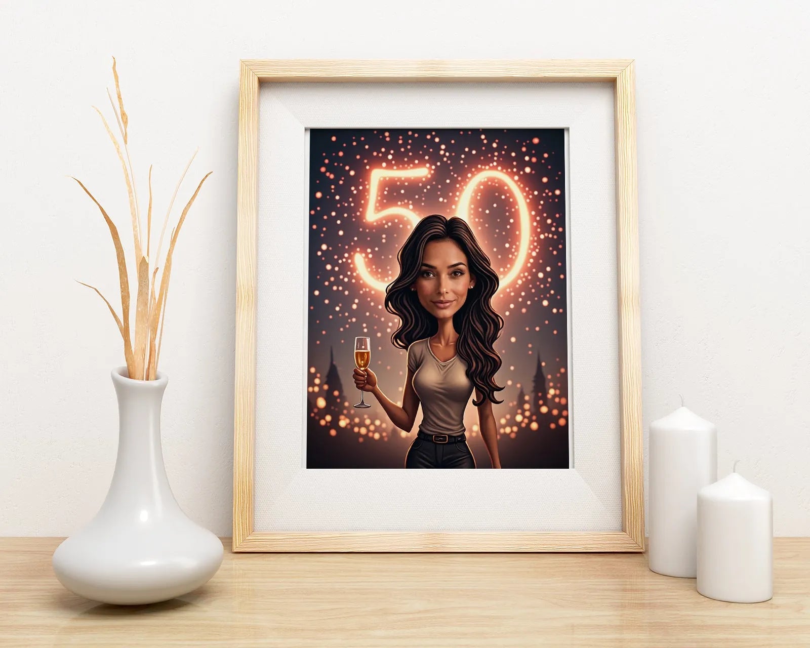 Framed caricature of a woman with champagne and glowing 50 with sparkle background