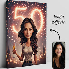 Personalizowany portret kreskówkowy na płótnie z kobietą trzymającą szampana i 50 w tle
