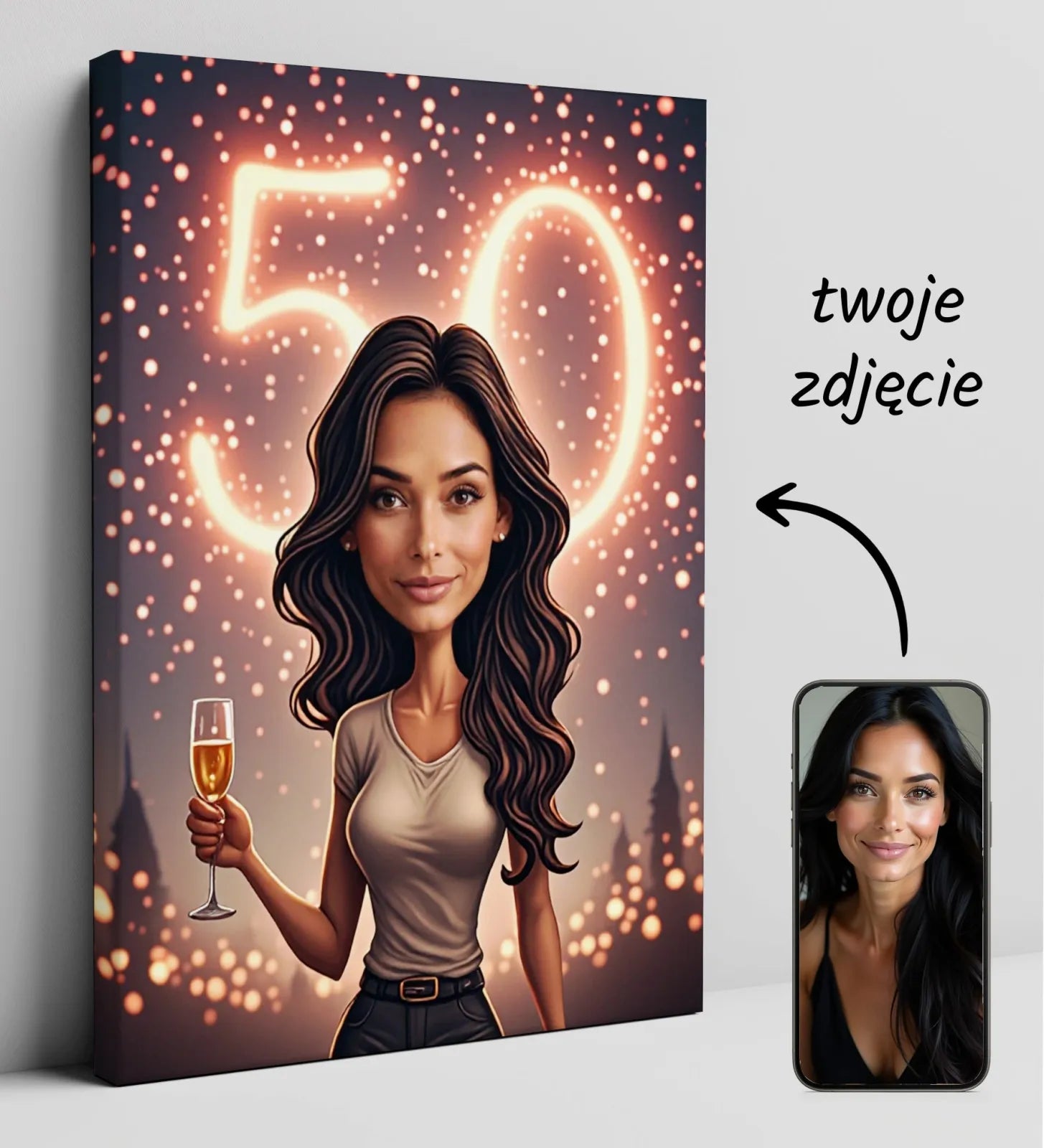 Personalizowany portret kreskówkowy na płótnie z kobietą trzymającą szampana i 50 w tle