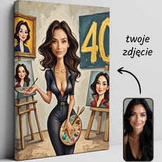 Karykatura kobiety artystki w galerii sztuki, kolorowy portret kreskówkowy