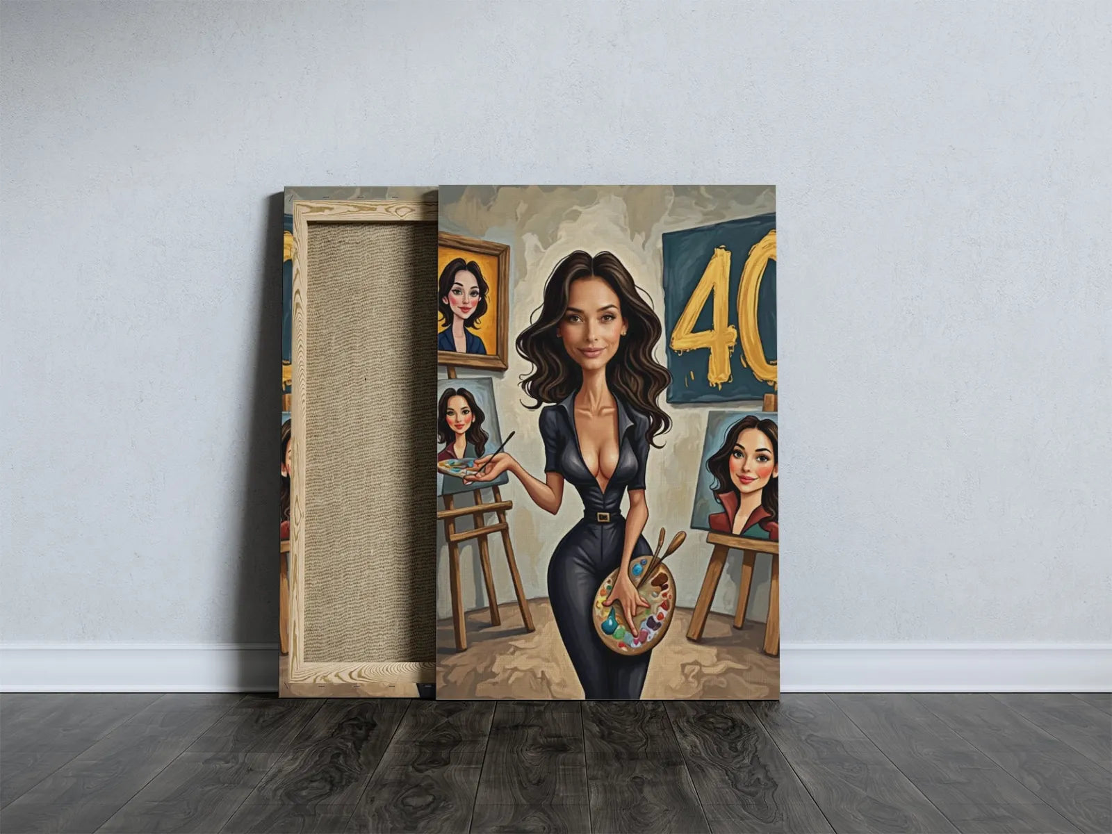 Canvans print kobiety artystki w galerii sztuki karykatura kobiety z obrazem
