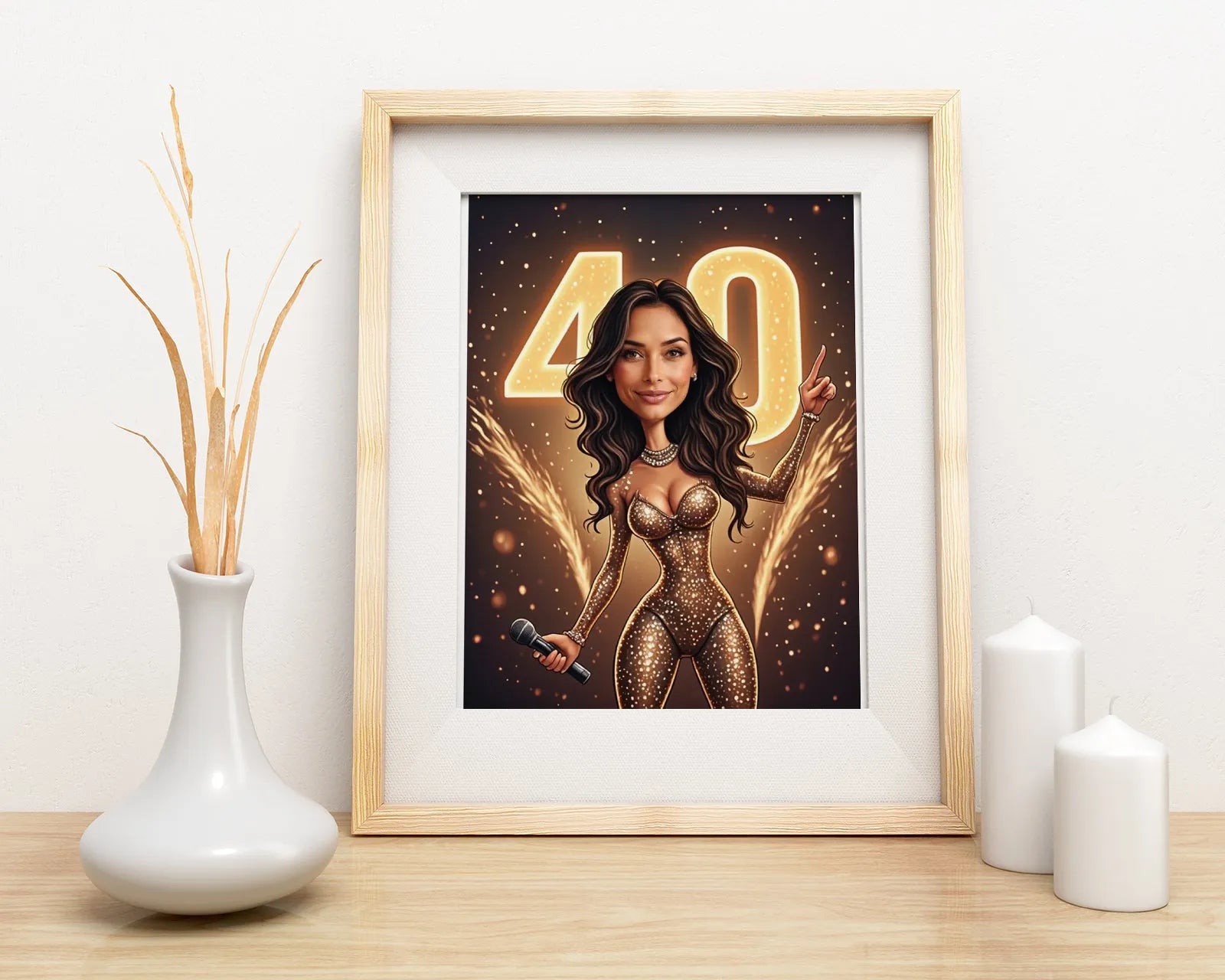 Framed caricature of a singer celebrating 40th birthday in product Karykatura kobiety jako gwiazda estrady
