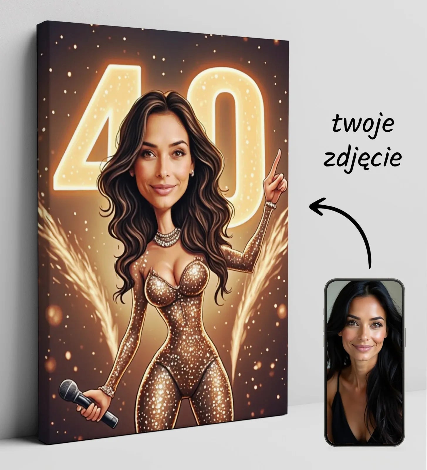 Karikatura na płótnie kobiety jako gwiazdy estrady, unikalna dekoracja do wnętrz