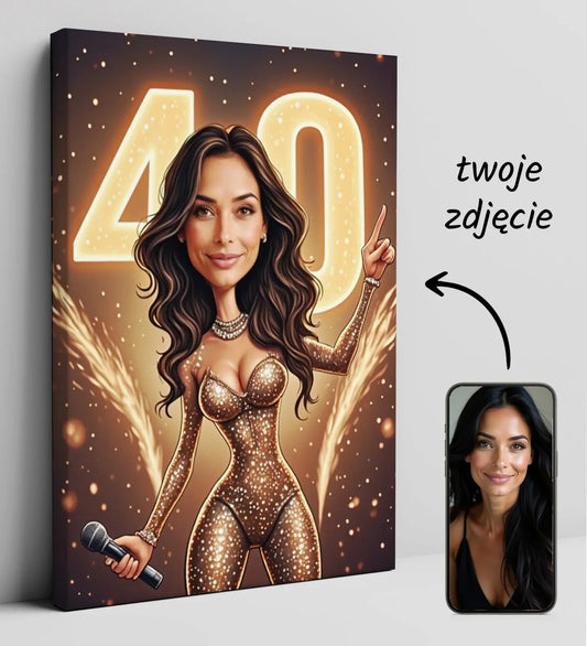 Karikatura na płótnie kobiety jako gwiazdy estrady, unikalna dekoracja do wnętrz