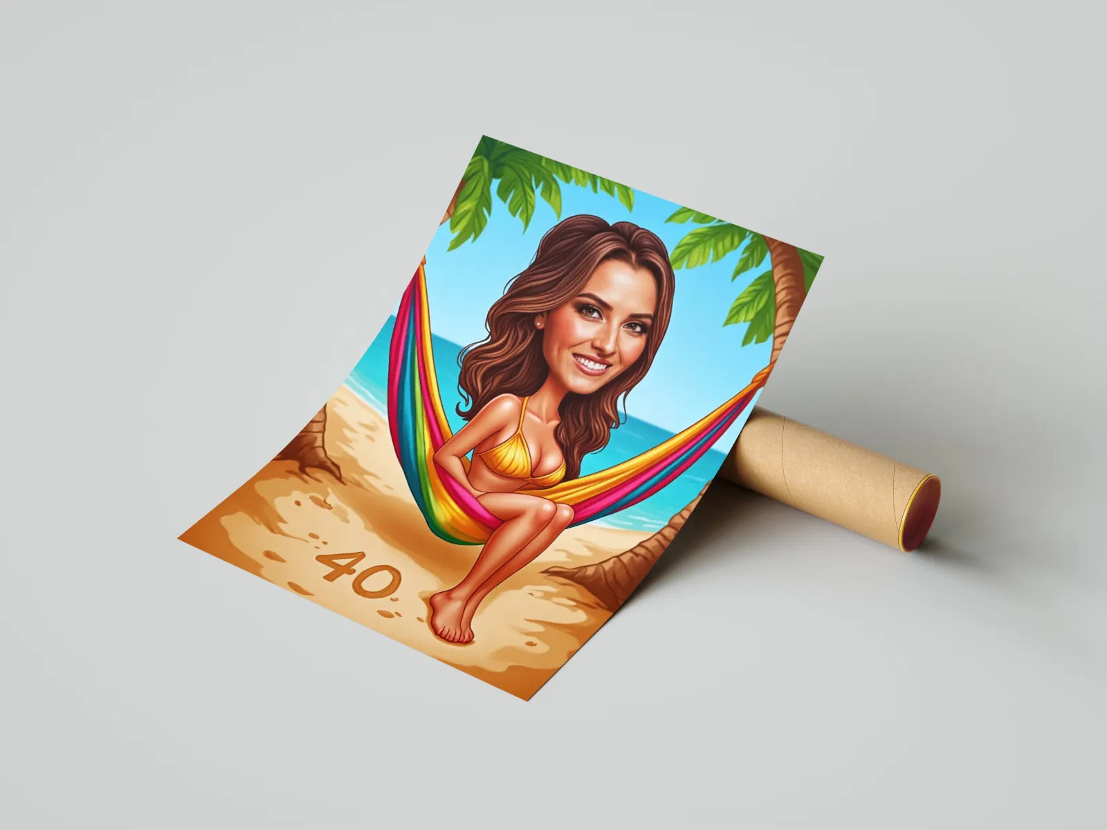 Karykatura kobiety na hamaku, plenerowy motyw na urodziny, kolorowy poster